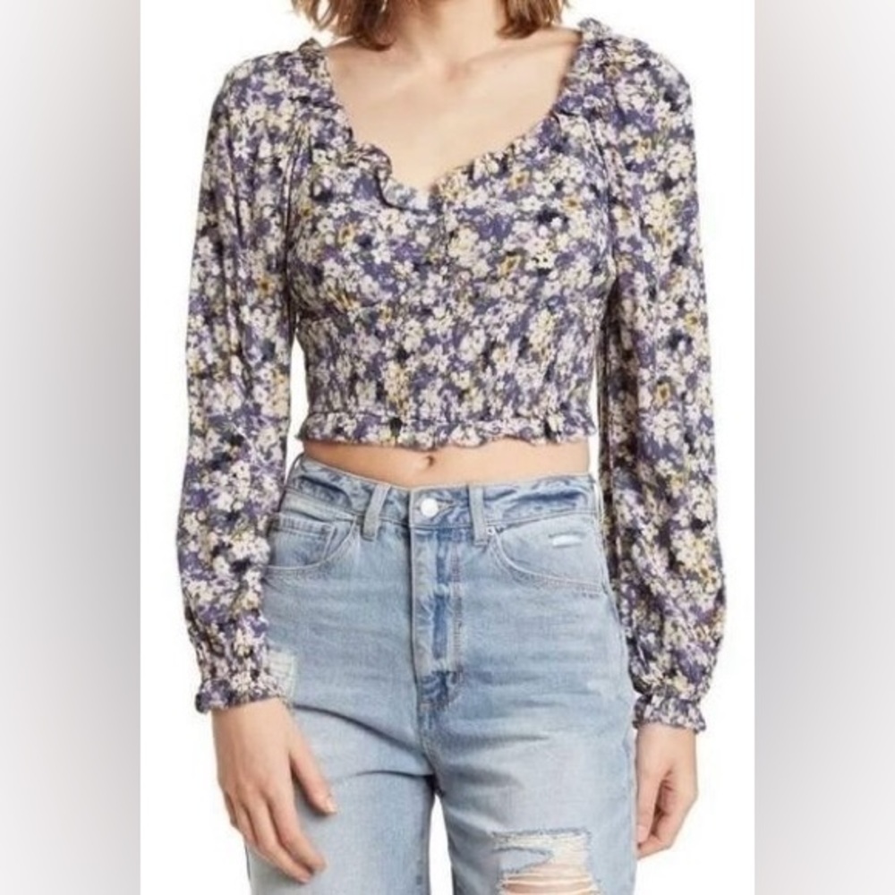 NWT Elodie | Women’s Periwinkle Blue/White Floral Long Sleeve Wide Neck Crop Top